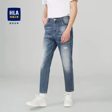 【奥莱清仓】HLA/海澜之家23夏九分裤猫须磨破潮流洗水工艺牛仔裤图片