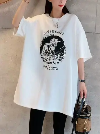 爆款大码T恤女2023夏季新款宽松百搭中长款街头设计感中袖上衣潮商品大图