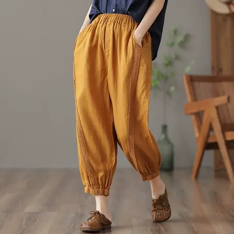 dza 高腰显瘦休闲九分亚麻裤子女士夏季薄款宽松阔腿裤直筒棉麻裤图片