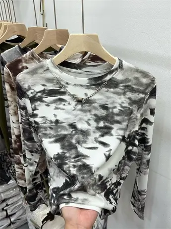 圆领水墨画T恤螺纹修身上衣女长袖2023年早秋新款体恤独特针织衫图片