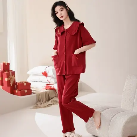 猫人红色睡衣女纯棉开衫本命年春秋款2024新款短袖大码家居服套装图片