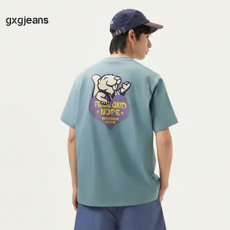 gxg.jeans男装 蓝色后背趣味印花时尚宽松短袖T恤男生 25年夏新款图片