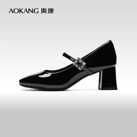奥康女鞋 春季新款气质浅口一字扣玛丽珍粗跟单鞋门店发货图片
