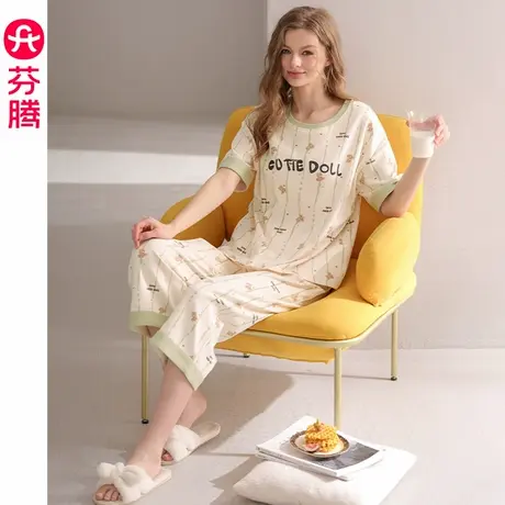 芬腾睡衣女夏纯棉薄款短袖套装女款可爱卡通休闲全棉七分裤家居服商品大图