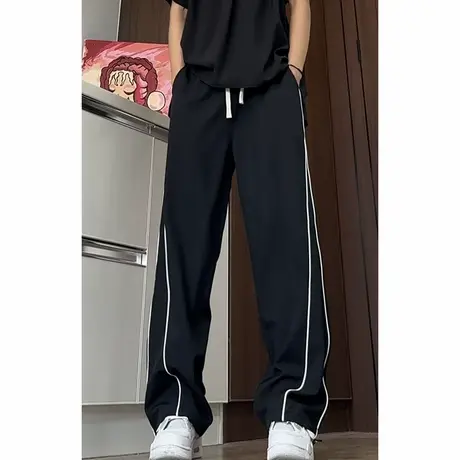 美式高街休闲裤男夏季潮牌条纹长裤子ins港风垂感直筒阔腿运动裤商品大图