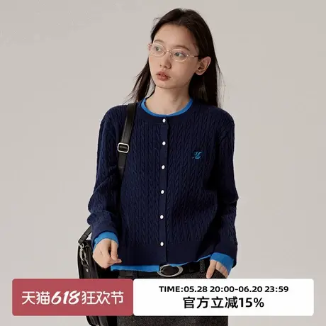 omont蛋挞家 复古假两件慵懒风针织开衫春季miu风撞色绞花毛衣女商品大图