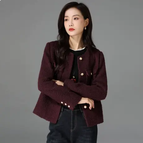 红色小香风外套女秋冬2024新款女装气质春秋洋气粗花呢短款上衣女商品大图