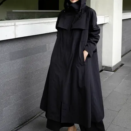 秋装新款过膝长款黑色风衣女过膝长款韩版斗篷型连帽休闲气质外套图片