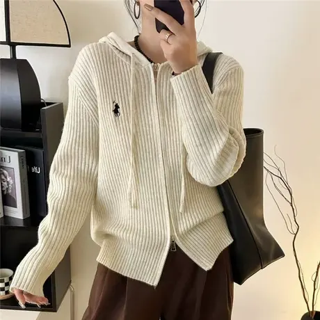 小马标刺绣高级感连帽拉链毛衣外套女慵懒风小众设计感针织开衫商品大图