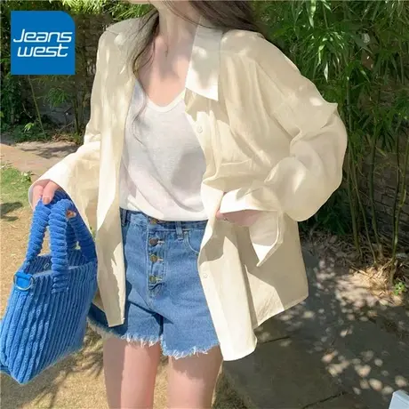 KV真维斯薄款长袖衬衫女2025新款夏杏色外套宽松冰丝上衣气质衬衣图片
