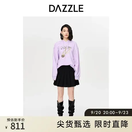 DAZZLE地素奥莱秋哈利波特联名紫色宽松图案钉珠连帽卫衣上衣女图片