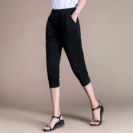 七分裤女夏季薄款加肥加大码女裤宽松高腰休闲裤黑色百搭哈伦中裤图片