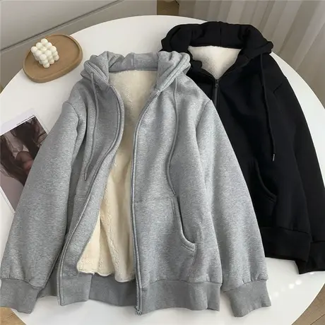 宽松韩版韩版羊羔绒加厚连帽卫衣女2022秋冬加绒保暖拉链开衫外套图片