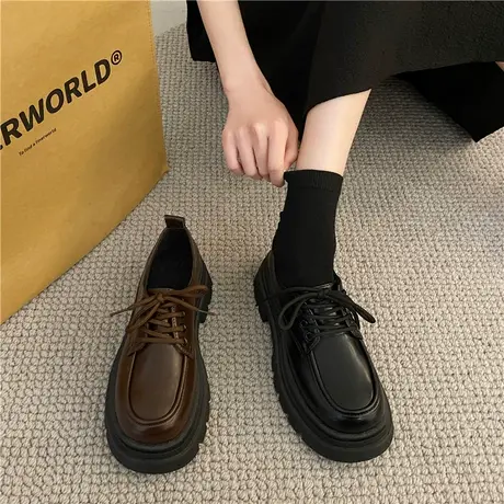 小皮鞋女2023年春季新款圆头厚底百搭英伦风系带增高复古jk单鞋女商品大图