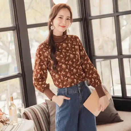 桔熊秋冬季假两件套上衣碎花保暖高领长袖打底衫女装大码AB14408图片