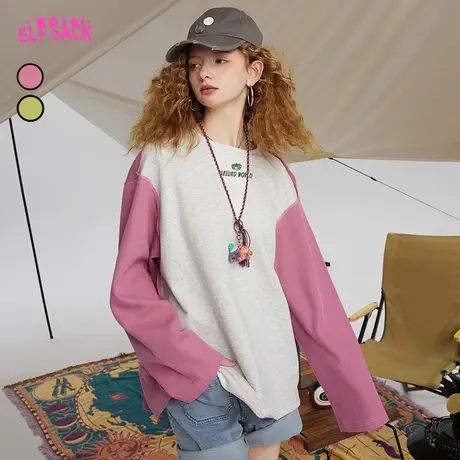 妖精的口袋撞色拼接插肩袖圆领卫衣女2023春秋新款宽松无帽套头潮图片