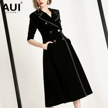 黑色修身显瘦风衣外套女2021秋冬新款女装中长款过膝气质丝绒大衣图片