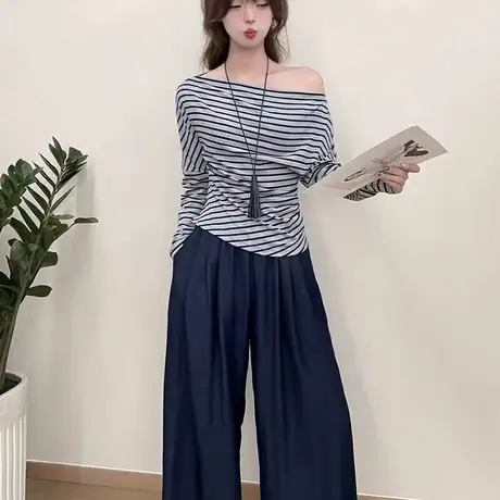 2025秋季新款高级感气质显瘦超火的条纹长袖T恤女百搭洋气上衣潮商品大图