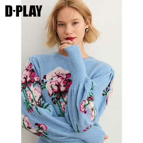 DPLAY【黑标】秋新复古蓝慵懒风毛衣小众设计师款花卉羊毛衫商品大图