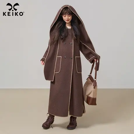 KEIKO [贝壳包边绣] 显瘦双面羊毛呢大衣25秋冬连帽长款羊绒外套商品大图