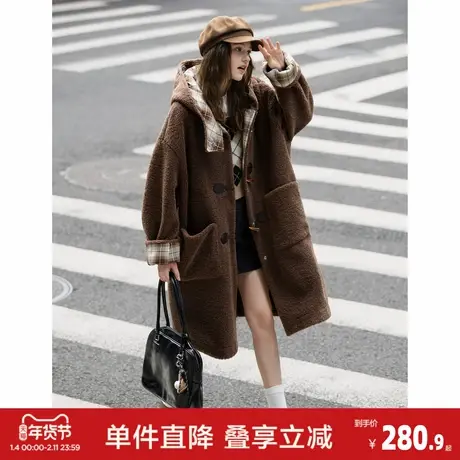 唐狮秋冬季超长款仿羊羔毛外套女连帽学院风慵懒美式复古时尚休闲商品大图