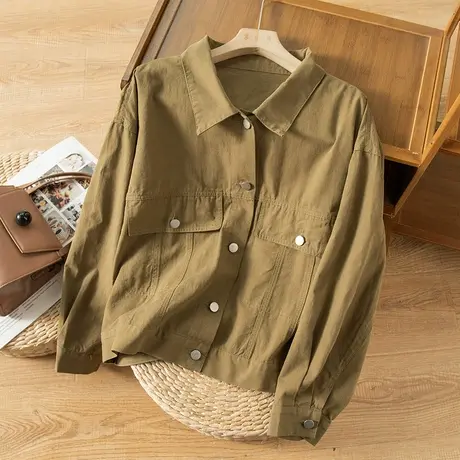 享永子衬衫领短外套文艺复古宽松工装上衣女纯色春秋外套2023新款图片