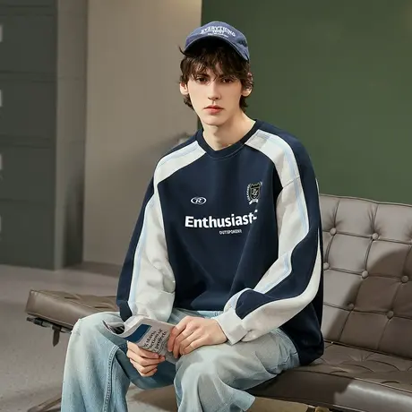 唐狮春秋季圆领卫衣男款运动分青少年设计感拼接小众撞色美式TMTA商品大图