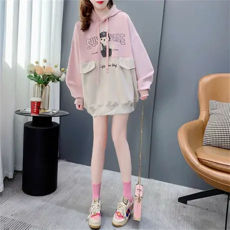 中长款拼色连帽卫衣女春秋2023年新款宽松慵懒学院风洋气百搭外套商品大图