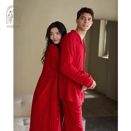 妮狄娅结婚睡衣女秋季红色纯棉长袖婚庆男春秋季本命年家居服套装商品大图