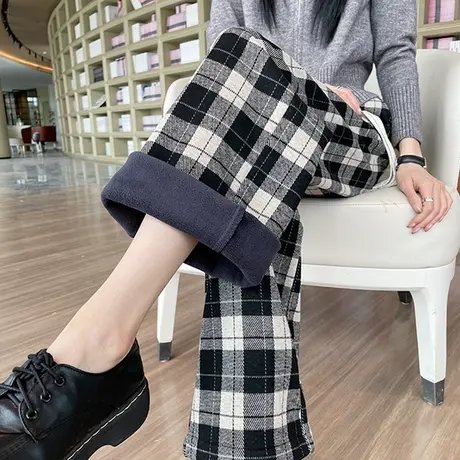 加绒黑白格子裤女秋冬新款阔腿裤高腰显瘦垂感加厚宽松休闲直筒裤图片
