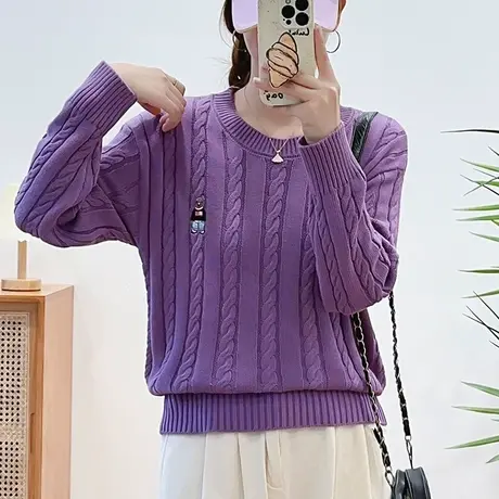 麻花圆领卡通刺绣针织衫毛衣女装2023秋冬新款保暖百搭内搭打底衫商品大图