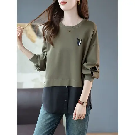 宝诗黎圆领假两件拼接宽松卫衣2023秋季新款长袖设计感棉质上衣女商品大图