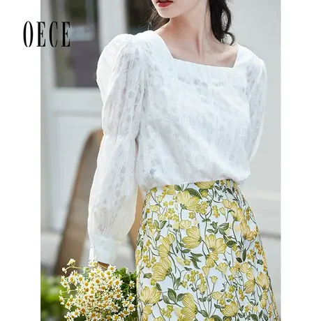 Oece秋装新款女装 法式复古小方领衬衫气质泡泡袖设计感上衣图片