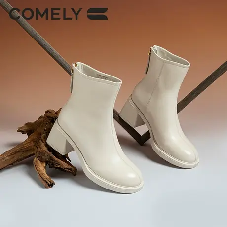 【李艾专享】康莉羊皮时装靴女粗跟2023年冬季新款圆头加绒短靴图片