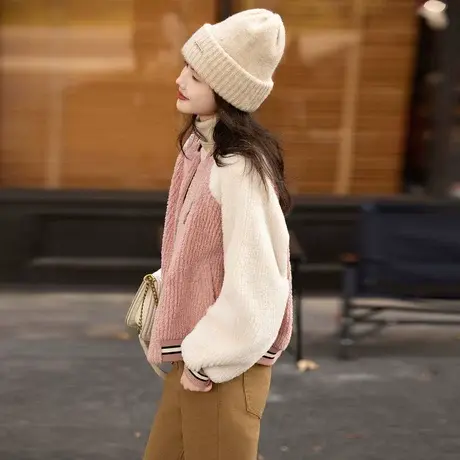 时尚气质外套2023年冬季新款圆领百搭撞色拼接短款加厚皮草上衣商品大图