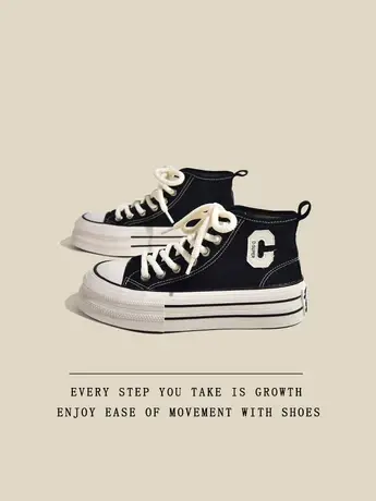 超火厚底高帮帆布鞋女2023年春秋新款百搭小众配裙子板鞋休闲布鞋商品大图