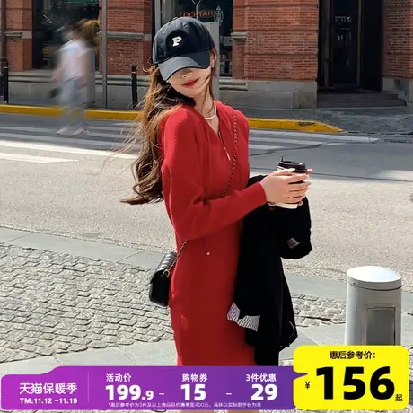 唐狮针织连衣裙女长袖连帽秋季2023新款小个子卫衣裙显瘦毛衣裙yd商品大图