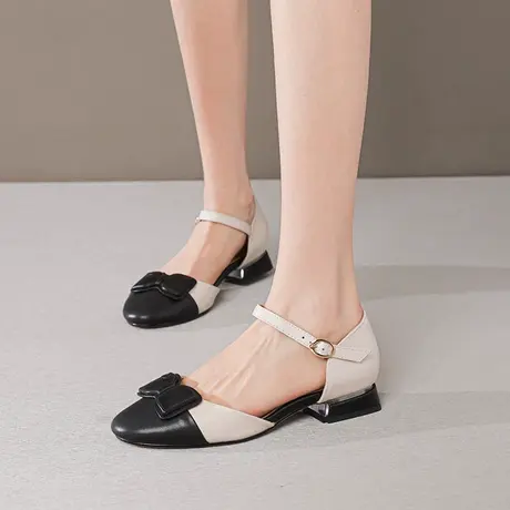 包头凉鞋女夏季新款时尚粗跟蝴蝶结中空单鞋真皮百搭四季小皮鞋子商品大图