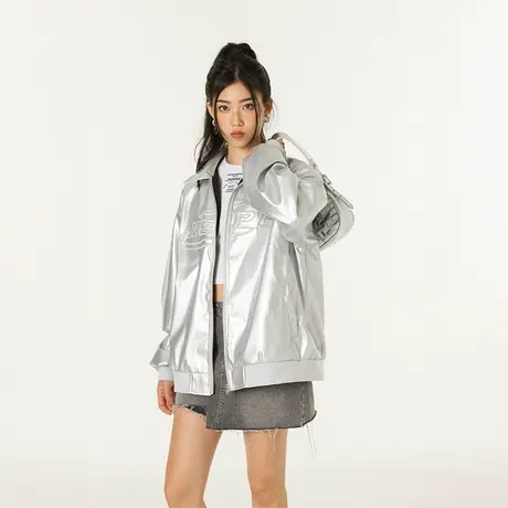 YEP潮牌嘻哈银色外套女2023新款宽松pu皮夹克复古街头皮衣巨好看商品大图