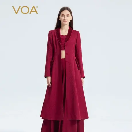 VOA真丝提花22姆米落霞红木耳花边青果领斜插口袋时尚百搭风衣女商品大图