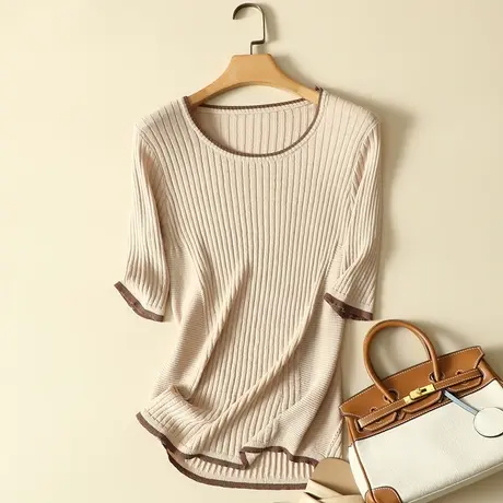 冰丝针织衫女短袖薄款春装2024年新款女夏季韩版ins百搭t恤女上衣商品大图