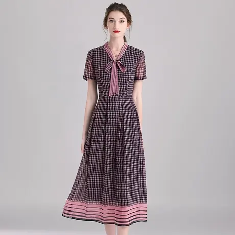 【1件7.9折】时尚中长款短袖连衣裙夏季新款连身裙收腰显瘦印花裙商品大图