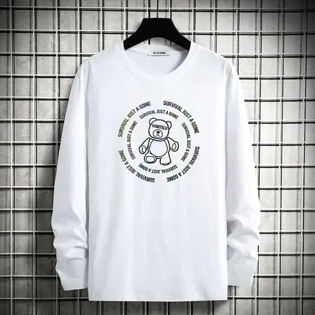 秋季长袖t恤男装纯棉圆领上衣服全棉内搭打底衫小熊印花白色体恤商品大图