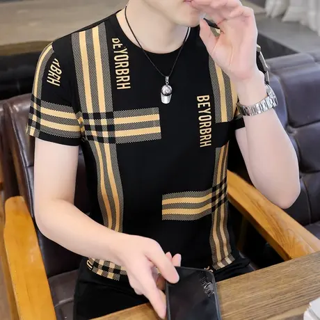 男士短袖t恤夏季新款冰感丝光棉修身潮流印花大码男装半袖体恤男商品大图