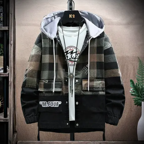 秋季牛仔外套男2023新款春秋连帽工装夹克初中高中学生青少年秋装商品大图