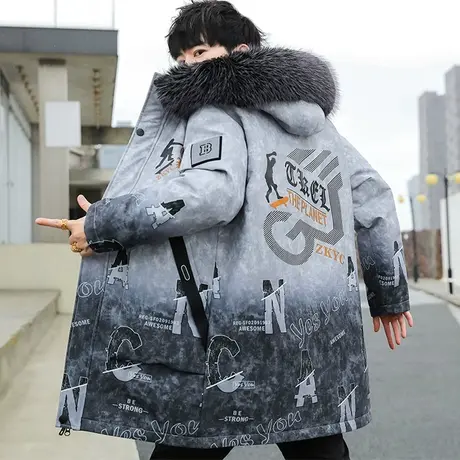 渐层色派克服男款冬季大毛领连帽铺棉外套外套男士潮牌中长版保暖图片