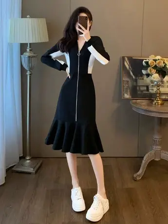 大码胖MM春秋季拼接长袖V领长款过膝拉链卫衣ins潮连衣裙女200斤图片