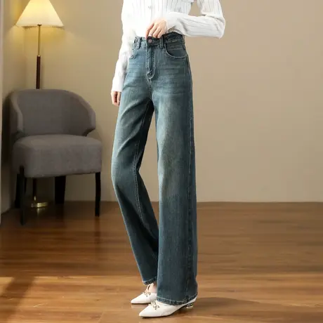 时尚温柔气质牛仔裤长款2023年冬季新款女款复古蓝色高腰直筒裤商品大图