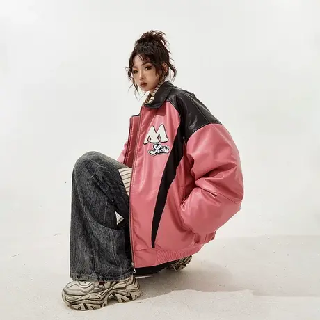 YEP拼接PU皮棉服女夹棉冬季外套2023年新款街头潮牌复古宽松棉衣商品大图