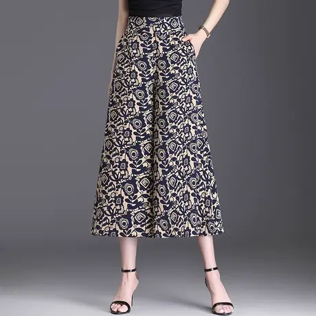 印花八分裤女夏季高腰宽松裙裤2023新款大码中老年阔腿裤休闲裤薄商品大图